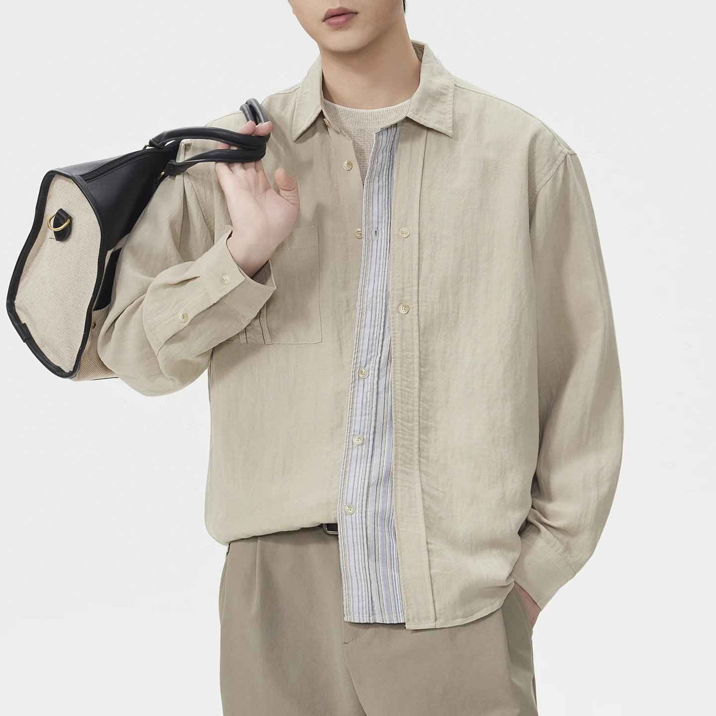 

Splice Stripe Placket Shirt Men Fashion Vintage Lightweight Linen Loose Casual Long Sleeve Plus Size Shirts Male Blouses Tops