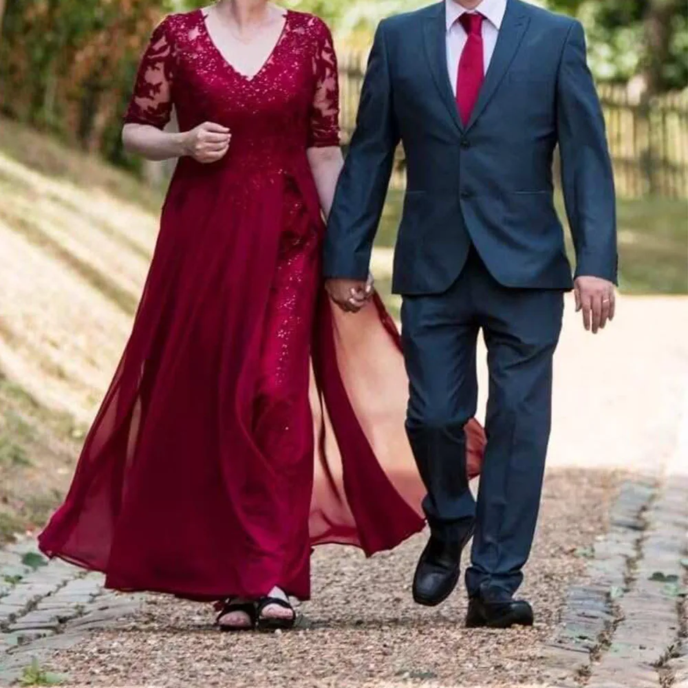 

Elegant 3/4 Sleeve Mother of The Bride Dresses for Wedding V Neck Lace Chiffon Sequin A Line Formal Evening Gown Customized