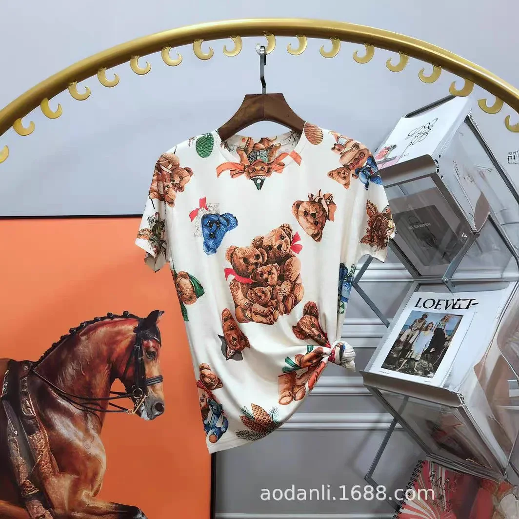 2025 Bear Printed T Shirts Women Clothes Vintage Style Summer Casual Cartoon Pattern Female Short Sleeve Tops Tee Женская Одежда