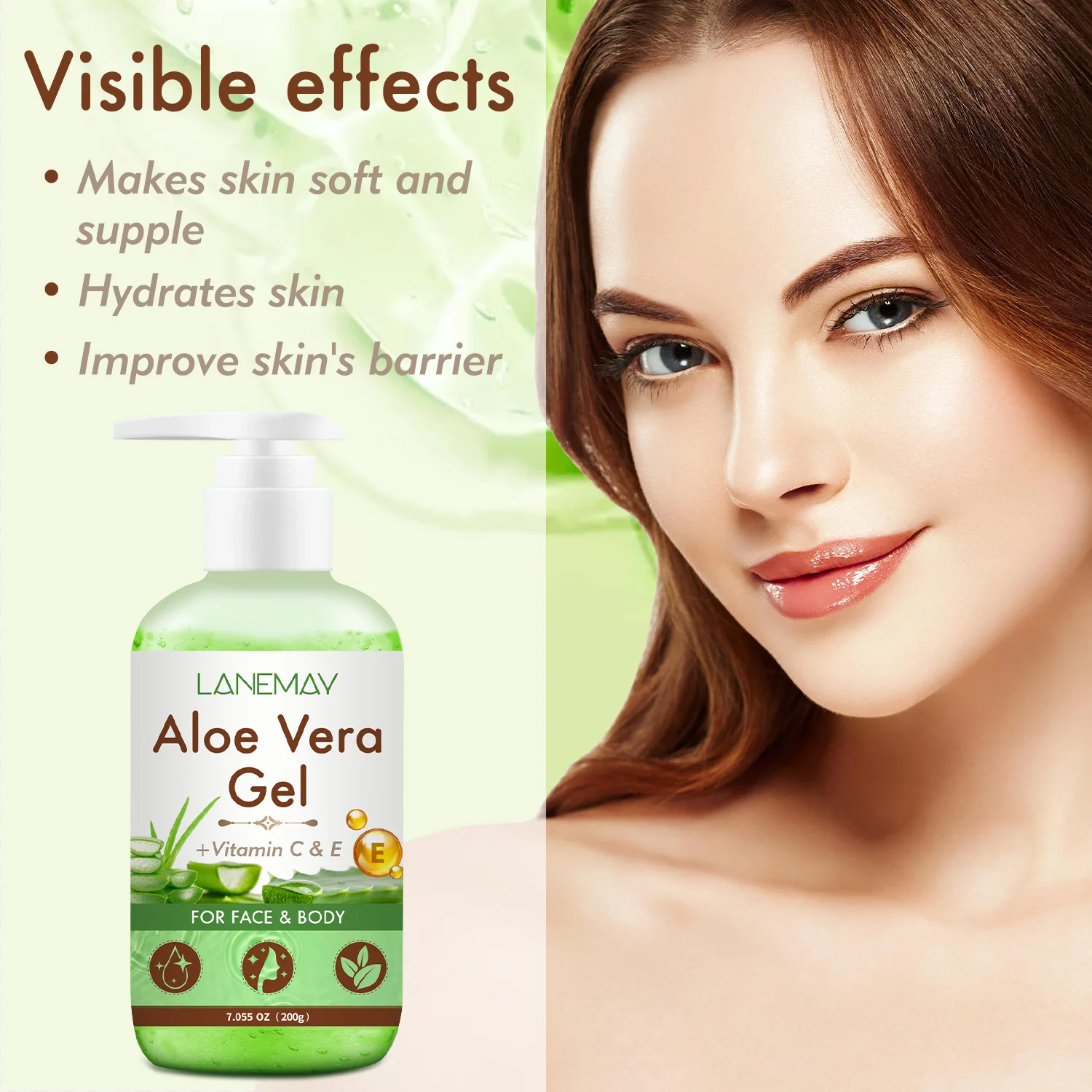 Aloe Vera Gel for Face & Body - Soothing Moisturizing Gel with Vitamin C & E, Hydrates & Cools Skin, Non-Sticky, 200g