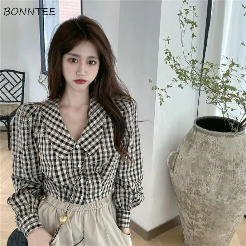 Shirts Women Plaid Peter Pan Collar Puff Sleeve Fashionable Student Slim Ulzzang Female Vintage Stylish Daily Tender All-match