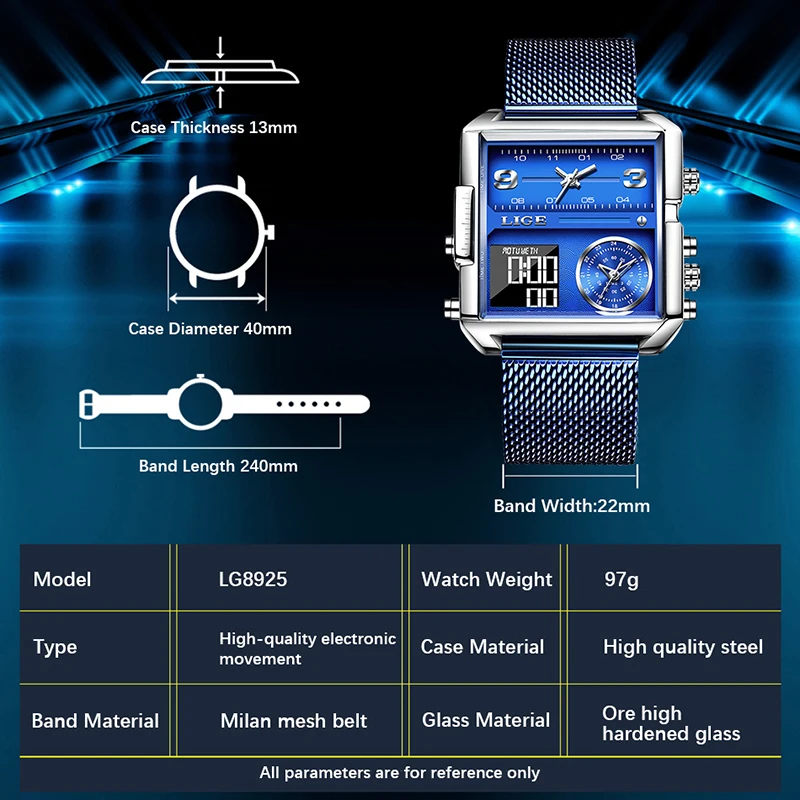 LIGE 2024 Top Brand Luxury Mens Watches Square Digital Sports Quartz Wrist Watch for Men Waterproof Stopwatch Relogio Masculino