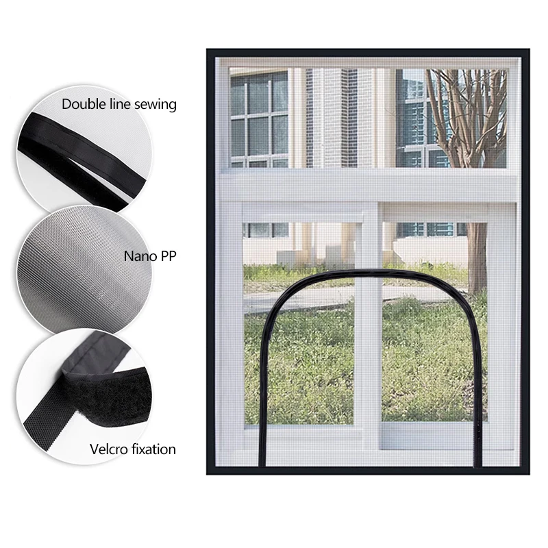 

Black，U-shaped zipper screen window，Self-adhesive and reusable mosquito nets for windows, anti-mosquito window screens, tulle