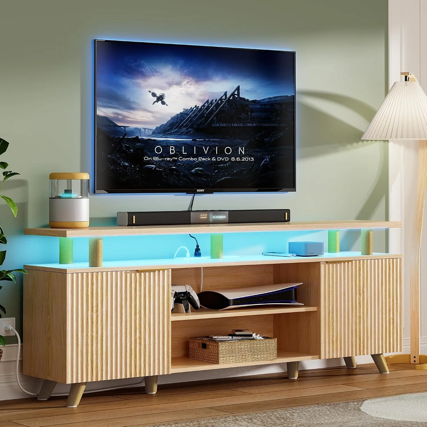 Modern TV Stand With Wooden Storage Cabinets & Power Socket Fits 55/60/65/70 Inch TV For Living Room, Custom