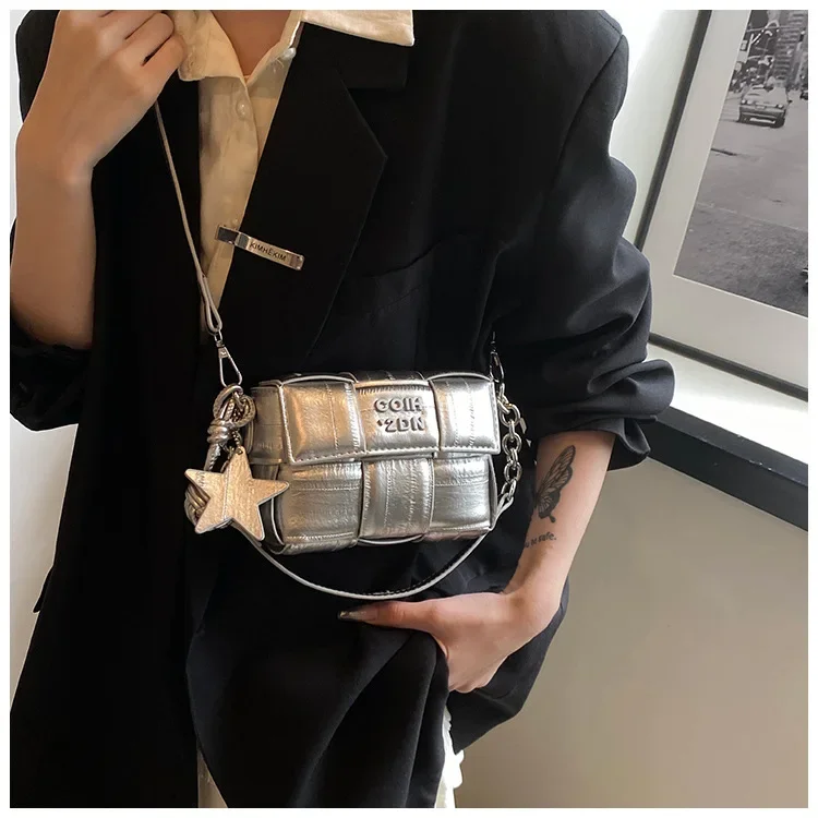

Sliver Square Bag 2025 Fashion Versatile Silver Shoulder Crossbody Bag Female Travel Shopping Bags Luxury Mobile Phone Bag
