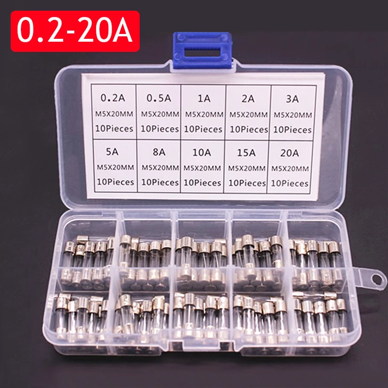 100PCS*0.2-20A 72*0.5-30A Fast-blow Glass Tube Fuses Quick Blow Car Glass Tube Fuses Assorted Kit Amp with Box Assortment Kit