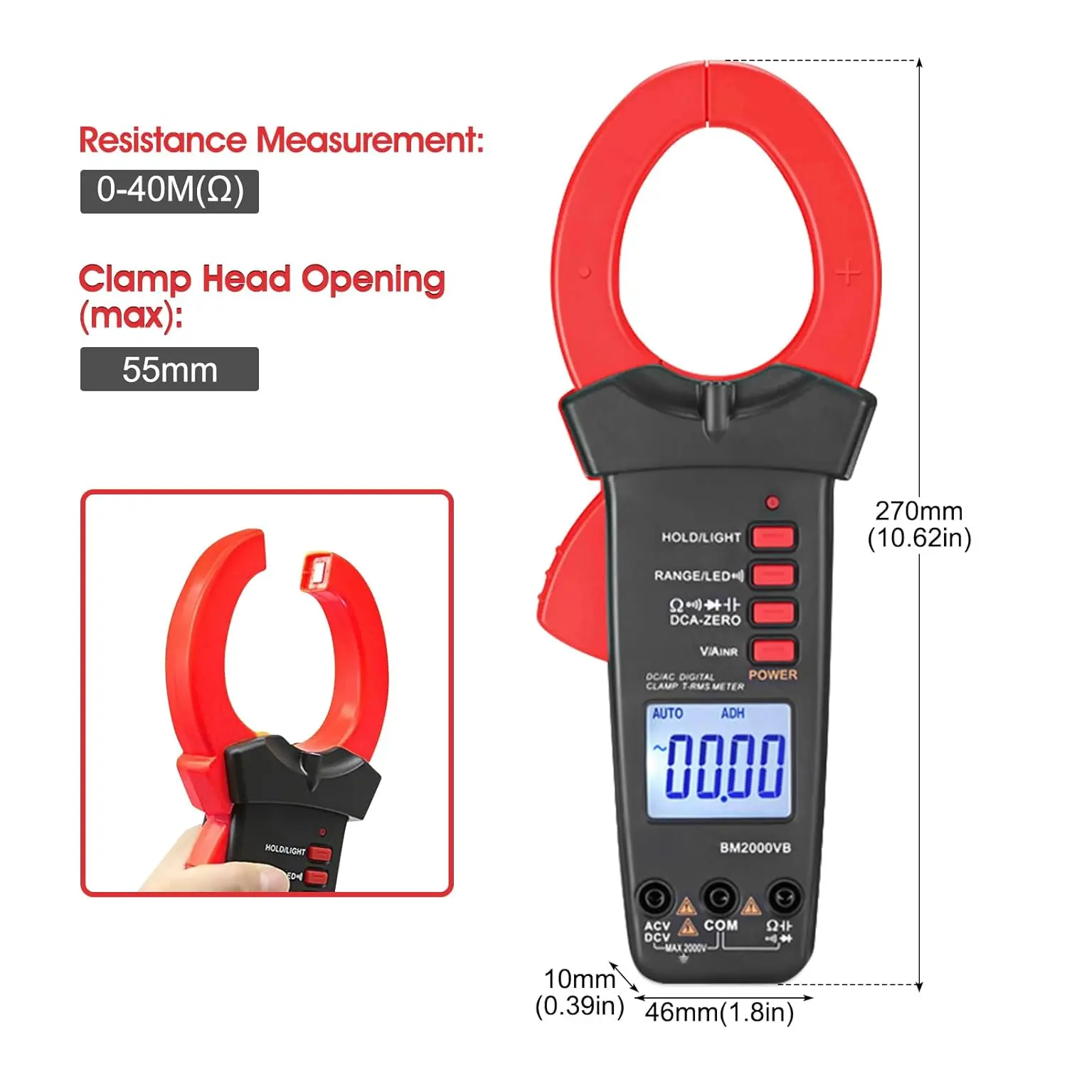 2000 Counts Clamp Meter - DC Amp Multimeter with Voltage, Resistance, Capacitance, Continuity, and Temperature Measurement