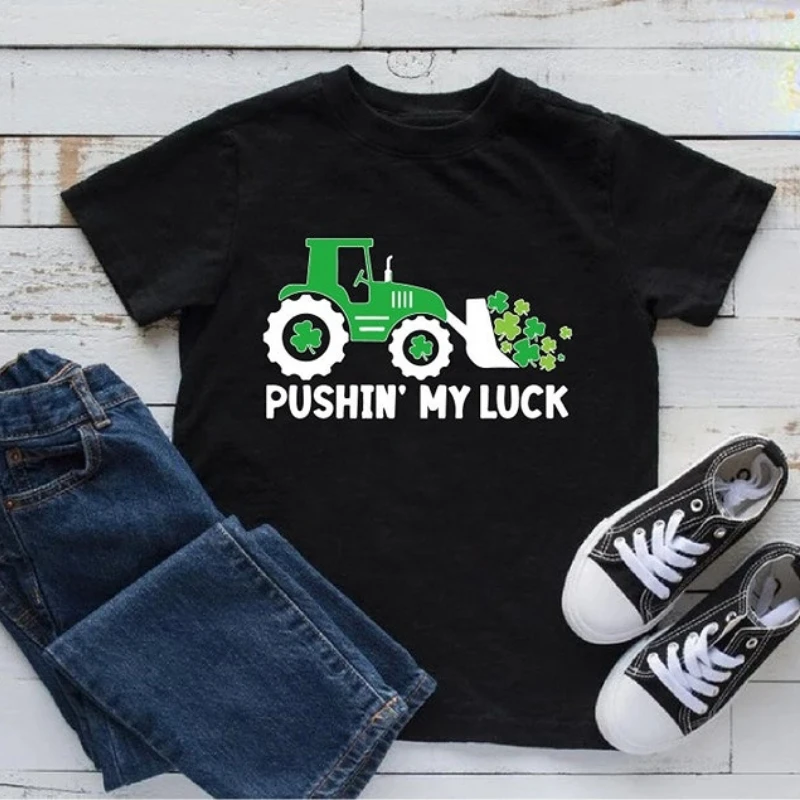 Funny St Paddys T Shirt Funny Tractor Graphic T Shirts Women Pushing My Luck Shirt Irish Traditional Holiday Gifts Short-sleev