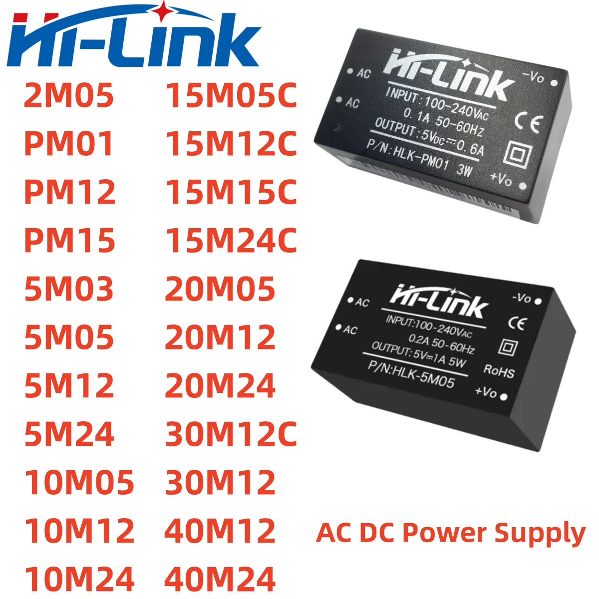 

Hilink AC DC 220V to 3.3V 5V 9V 12V 15V 24V 2W 3W 5W 10W 15W 20W 30W 40W Power Supply Module 5M05 PM01 10M05 10M12 20M12 40M12