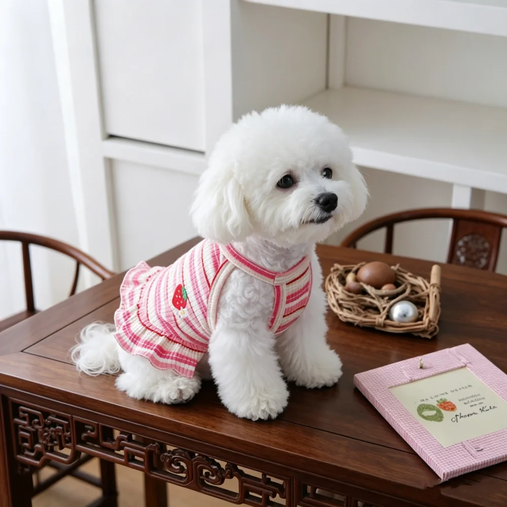 1pc Summer thin pet camisole vest, new embroidered strawberry camisole teddy bear cat camisole skirt view 6