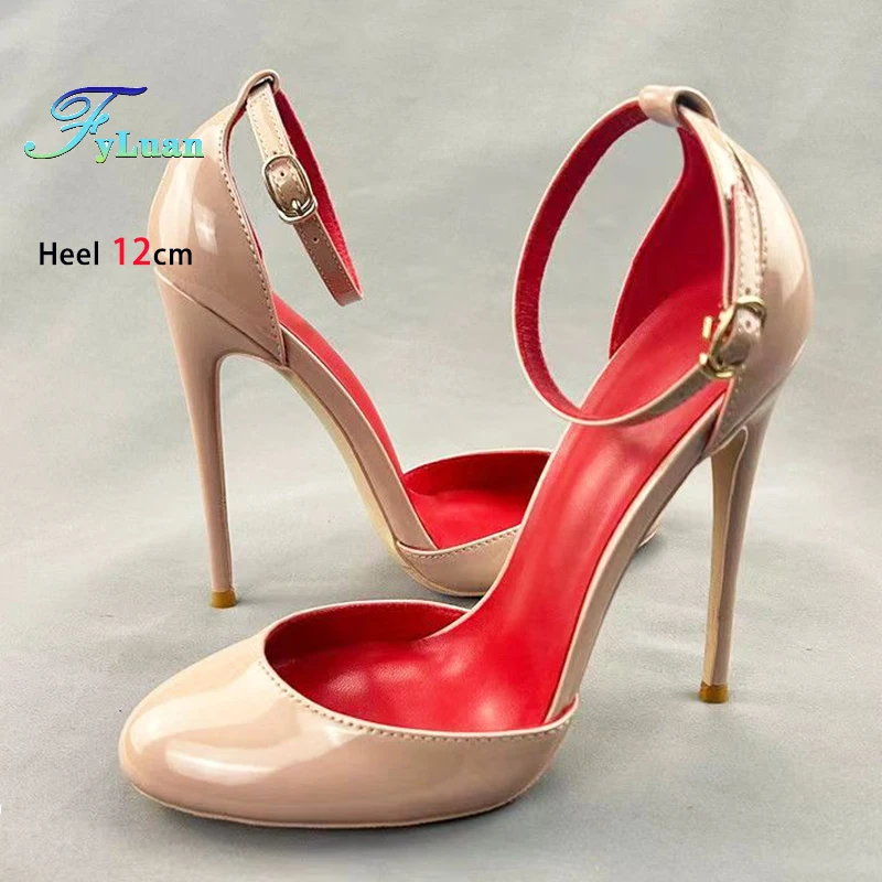 Round Toe Lady Stiletto Solid Color Wedding Shoes Laser Patent Leather Women Ankle Strap Cute Heels Fashionable Plus Size Pumps