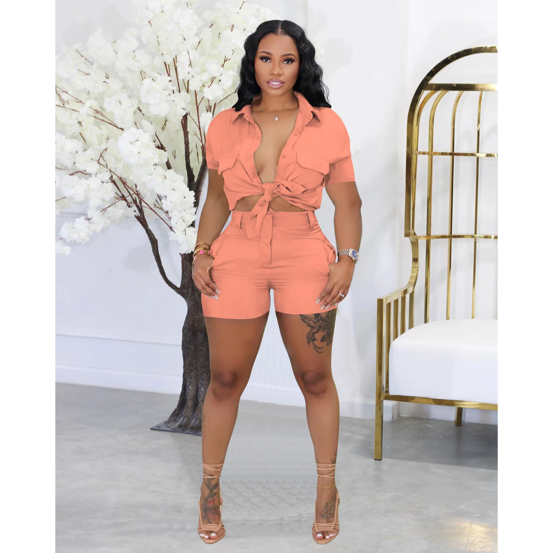 Elegant Sexy Blouse 2 Piece Short Pant Suit Set Outfits Y2K Streetwear 2023 Women Clothes Summer Luxury Two Piece Short Set