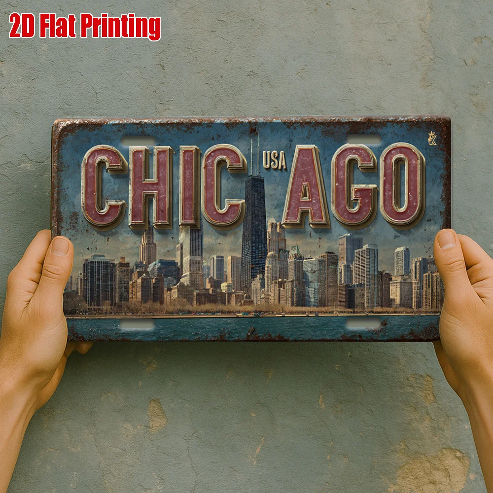 2D Flat Printing, 1pc, Vintage Metal Sign, for Decorative Use Only, Outdoor Plaque & Wall Decor, Chicago City Skyline Aluminu
