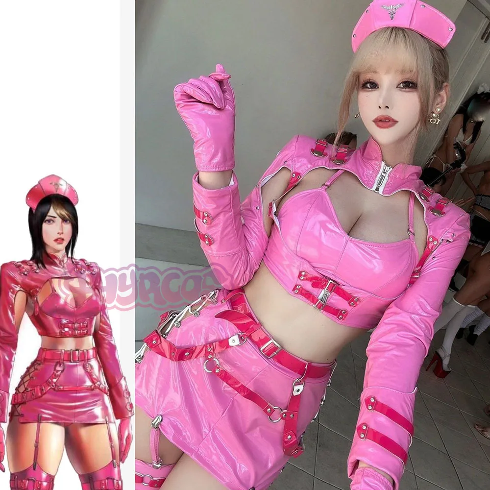 Sexy Dark Reign Pink White Nurse Cosplay Costume Leotard Elastic Clack Hot Anime Cosplay Full Set Sexy Nurse Leather Dress Women