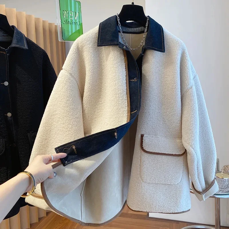 Large Size Lambwool Fur Coat Women New Autumn Winter Korean Loose Denim Patchwork Lambhair Wool Jacket Thicken Warm Outwear 4XL