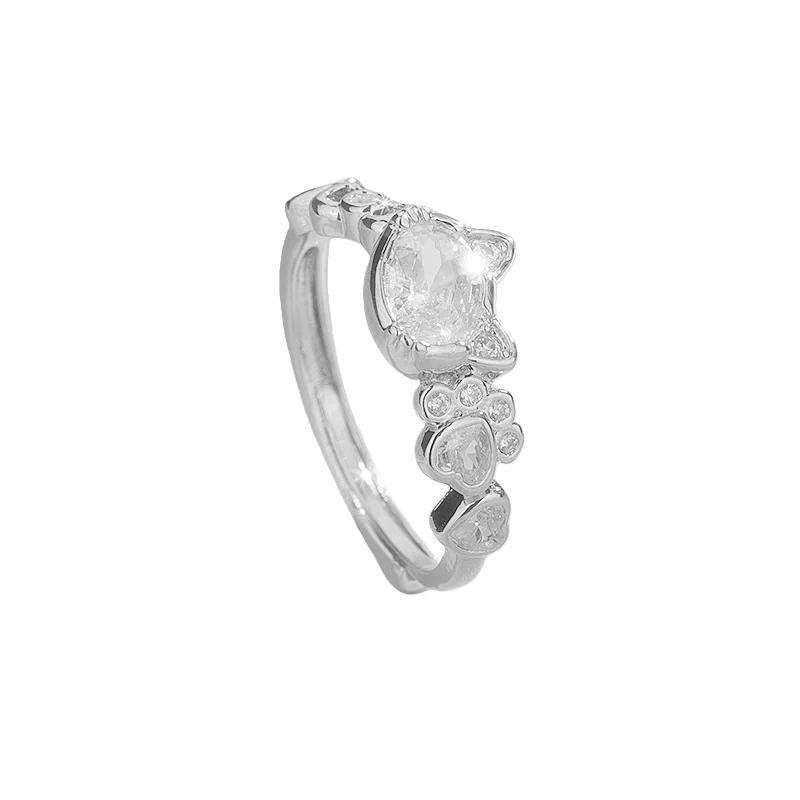 925 Sterling Silver Jewelry Cute Crystal Cat Dog Paw Print Finger Rings for Women Wedding Party Jewelry For Girls Friend Gift