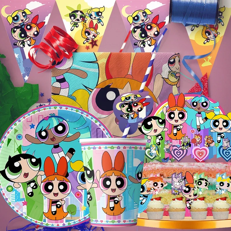 the powerpuff girls Theme Birthday Party Cutlery Paper CupsPaper Plates Paper Napkins Disposable Party Decoration Supplies Toys