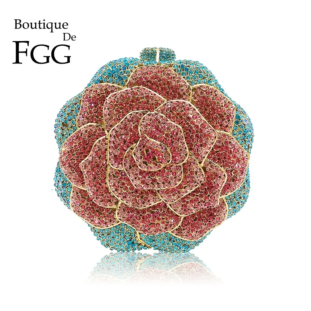 Boutique De FGG (in stock) Rose Flower Crystal Clutch Bags Women Formal Party Evening Handbags Bridal Wedding Rhinestone Purse