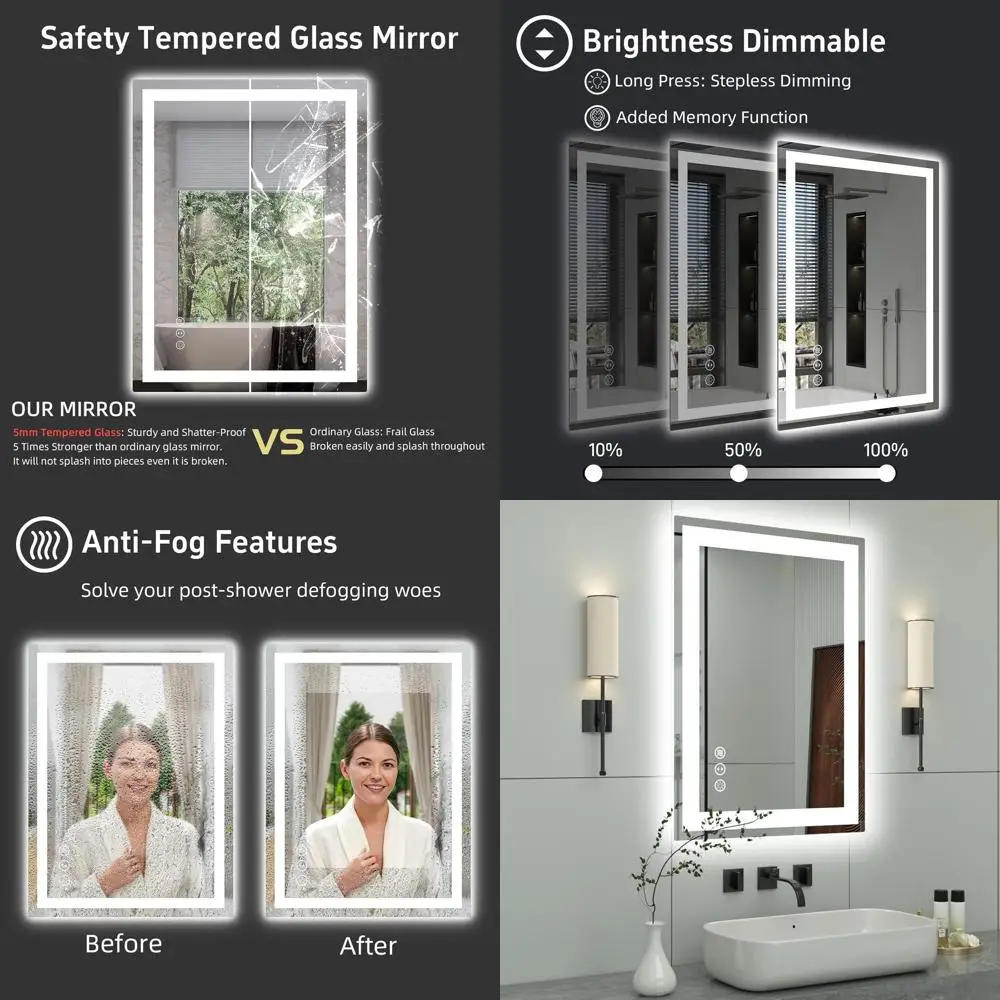 Espejo de baño LED regulable de 20x28 pulgadas con diseño antivaho y inastillable para tocador de montaje en pared