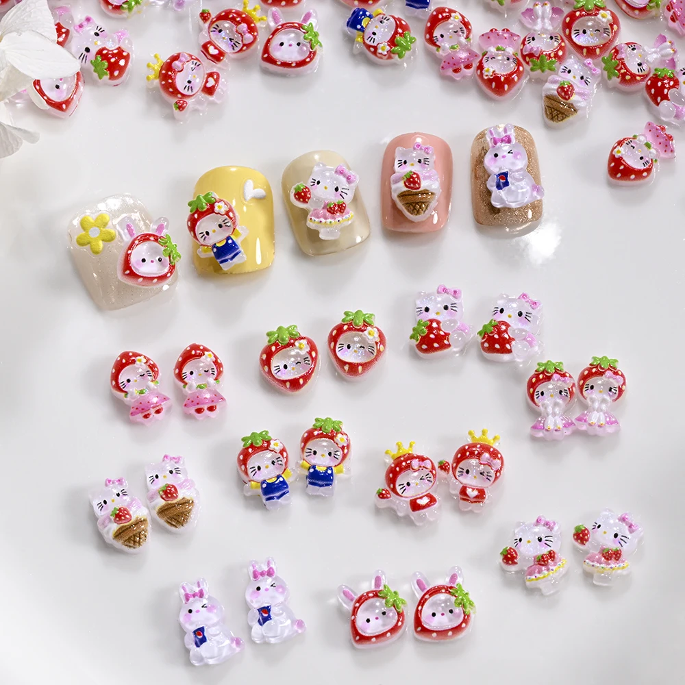 50 قطعة مختلطة Kawaii الأحمر الفراولة مرحبا كيتي مسمار الفن السحر الراتنج الفاكهة كيتي القط الراين الكرتون مانيكير الديكور