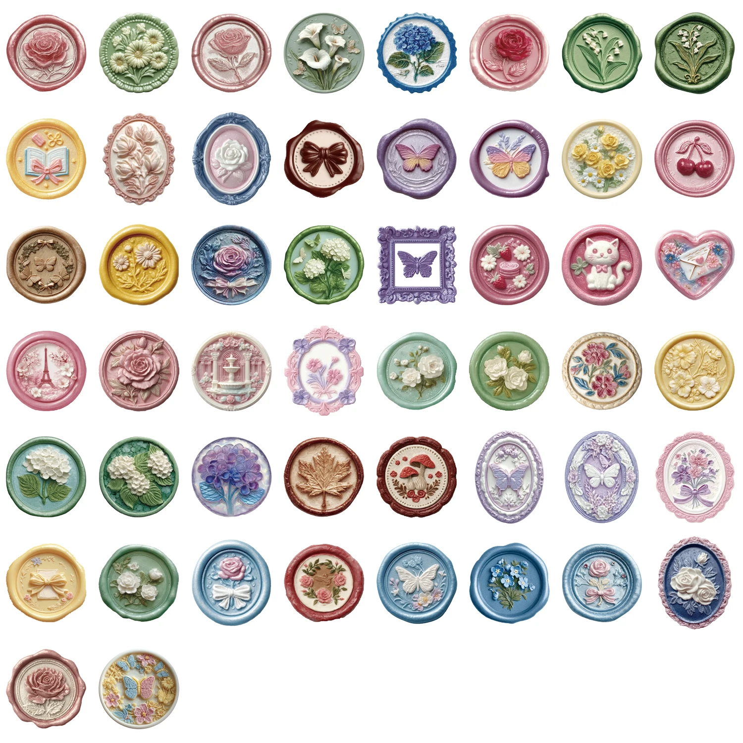 50pcs Retro Classical Wax Seal Art PET Stickers Waterproof PVC Snowflake Butterfly Love Moon DIY Phone Case Scrapbook Envelope