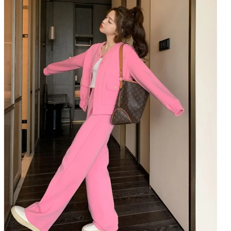 Fashion Age Reducing Sportswear Suit For Women's Spring and Autumn New Double Breasted Casual Jacket+two-piece Pants Set