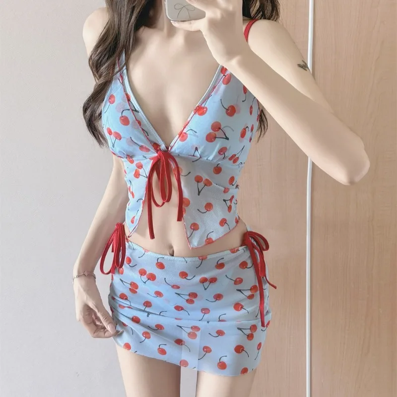 Pure desire ins new women's split four-piece set of sexy meat-covering small breasts gathering hot spring vacation swimsuit