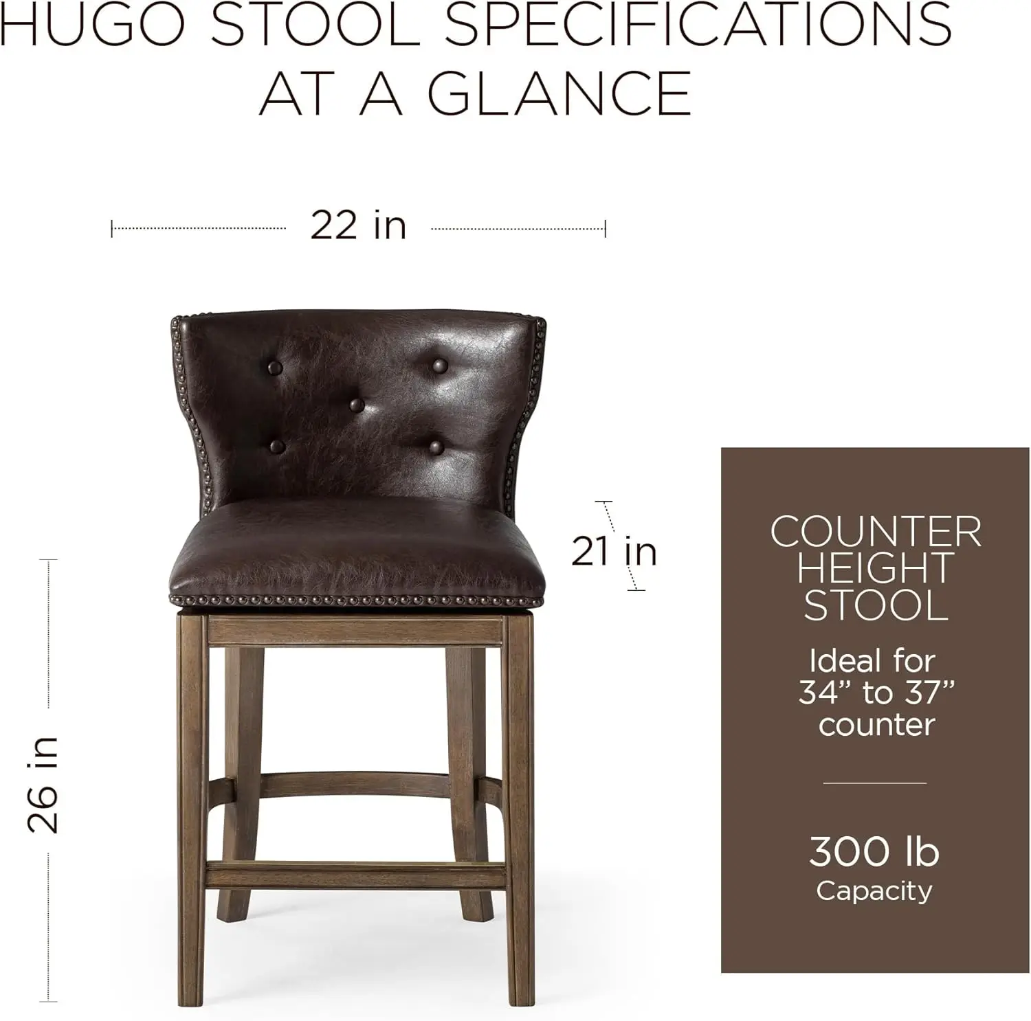 Hugo 26 Inch High Counter Height Barstool With Low Back In Walnut Finish With Marksman  Vegan Leather Upholstered Seat