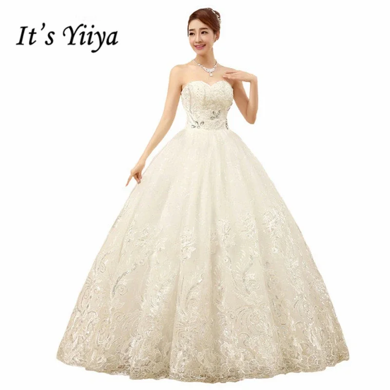 It\'s Yiiya Cheap White Princess Wedding Dress Princess Vestidos De Novia Sequins Strapless Lace Plus size Bride Ball Gown XXN085