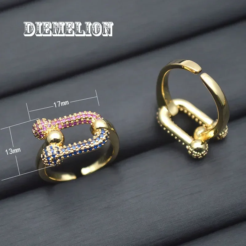 تصميم جديد 18K مطلية بالذهب على شكل حرف U حدوة الحصان قوس قزح مكعب زركونيا قابل للتعديل خواتم للمرأة الفتيات مجوهرات الأزياء الكورية