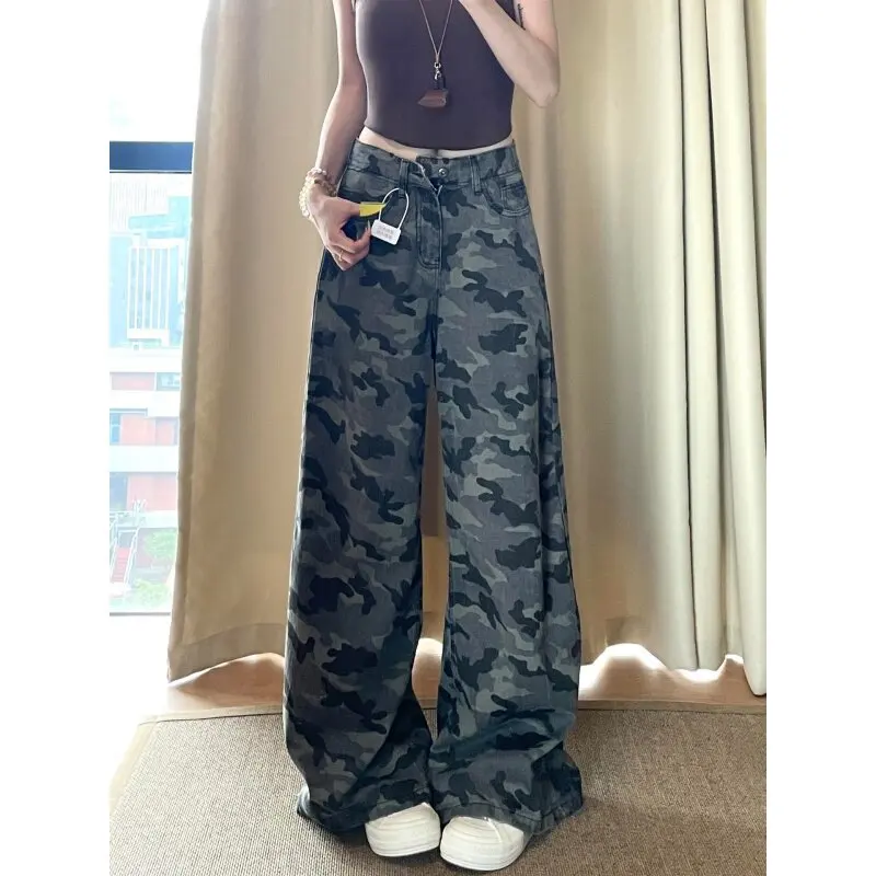 

American Sle Vintage Camouflage Workwear Jeans Women's Loose Wide Leg High Waist Slimming Drapey Floor-Length Pants