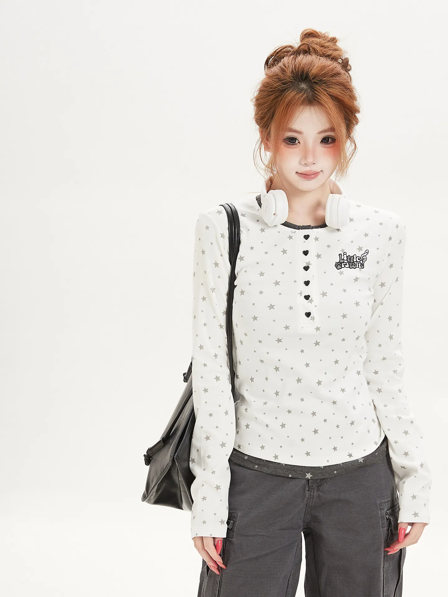 Korean Style Long Sleeve T-Shirt Women's Slim Fit Star Print Top Ant Design Casual Breathable Cotton Polyester Blend Autumn Wear