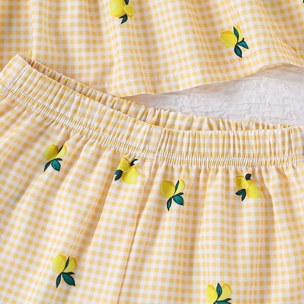 Sleeveless Girls Two Piece Set Peplum Hem Elastic Waist Gingham Outfit Spaghetti Straps Loose Fit Camisole Shorts Set