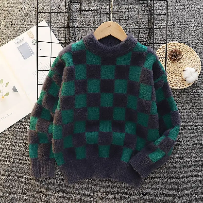 Boys Autumn Winter Thickened Pullover Sweater Soft Faux Mink Velvet Knitted Warm Kids Jumper Casual Schoolwear Tops