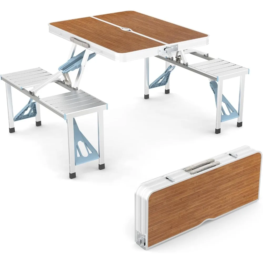 

4 Ft Camping Picnic Table Set with 4 Seats with Umbrella Hole Folding Lightweight Suitcase Card Table-220 Lbs Support Aluminum