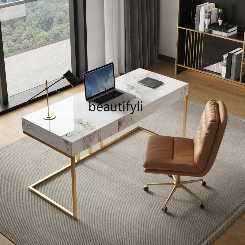Light Luxury Minimalist Stone Plate Desk Modern Minimalist Advanced Design Study Desk Solid Wood Home Computer Table