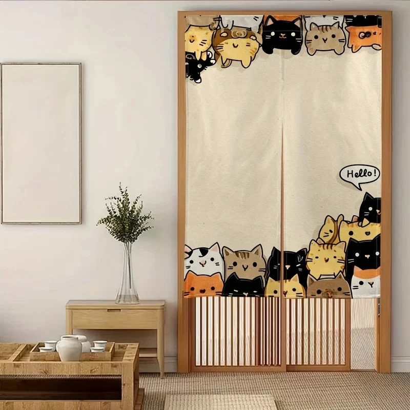 VIKAMA Cute Cat Group Noren Door Curtain Cartoon Kitten Hello Speech Bubble Print Fabric Home Room Partition Decor