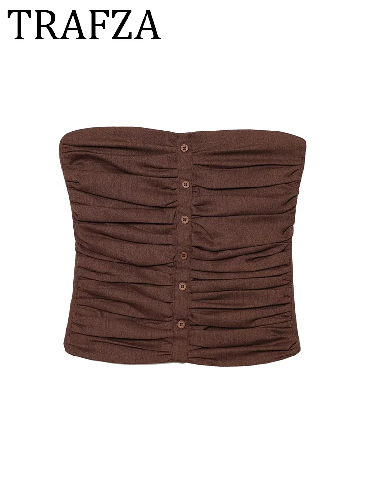 

TRAFZA 2025 Women's Ruched Bustier Short Top Fashion Summer Straight Neck Crop Top Female Sleeveless Elasticat T-Shirt Sexy Tee