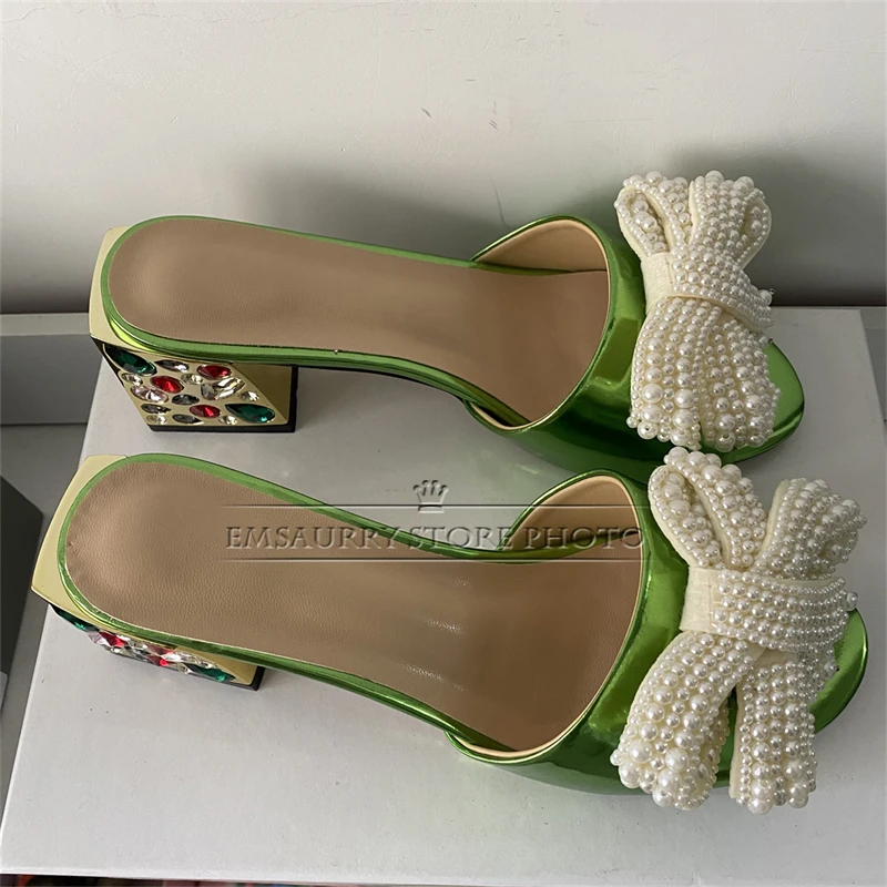 Quality Beads Butterfly-Knot Flower Sandals Women Colorful Rhinestone Square Heel Slingbacks Patent Leather Summer Shoes