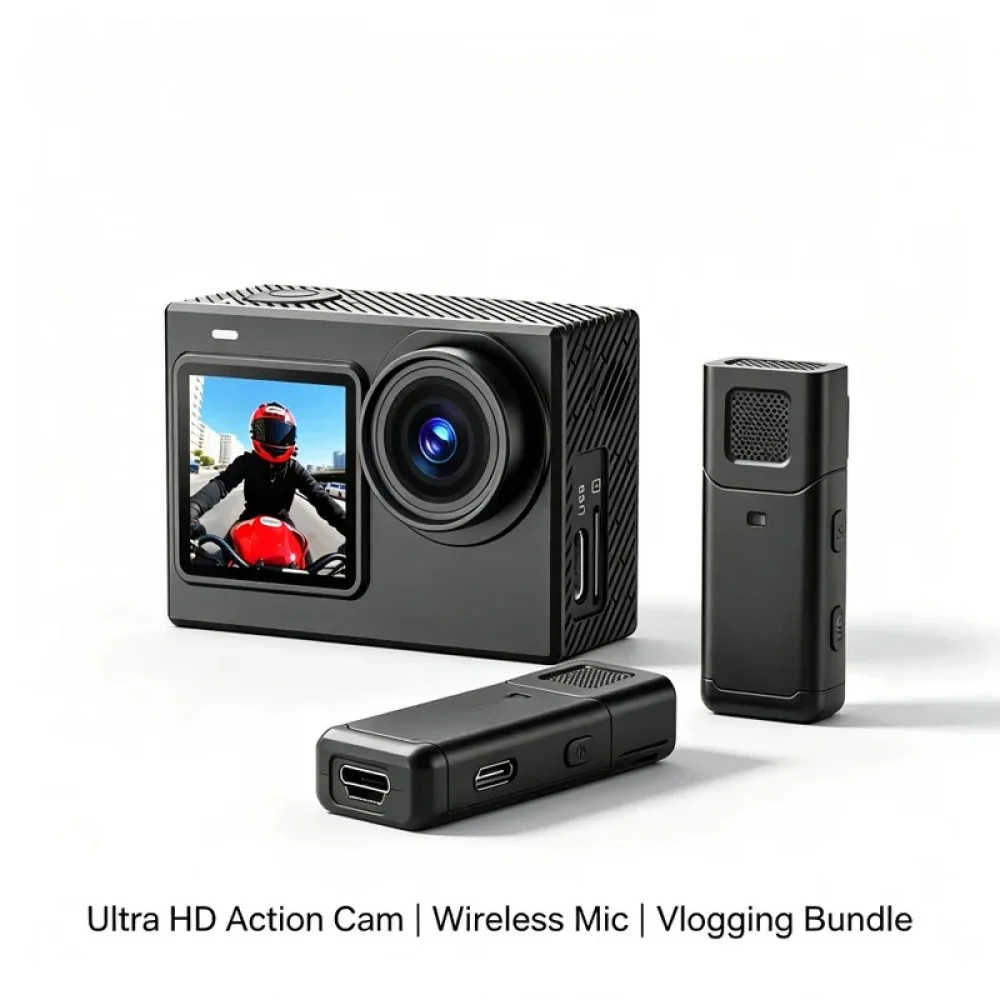 Ultra 5K 4K Wireless Mic/Cycling Combo Dual Screen Camera 20MP 5G WiFi SteadyMotion 2.0 for Driving Live Streaming Recording