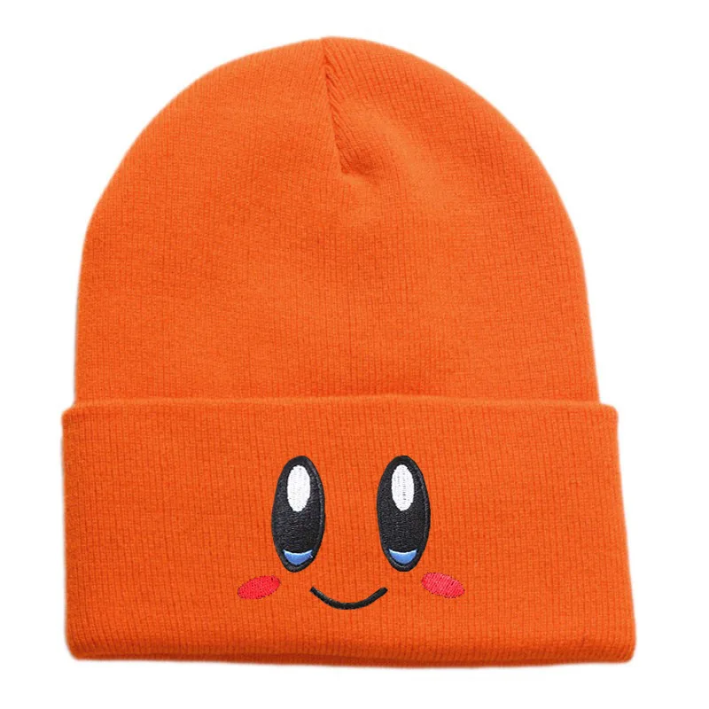 Big Eyed Smiling Face Embroidered Knitted Hat Anime Cartoon Kirbys Pink Black Cute Expression Knitted Hat Casual Hat