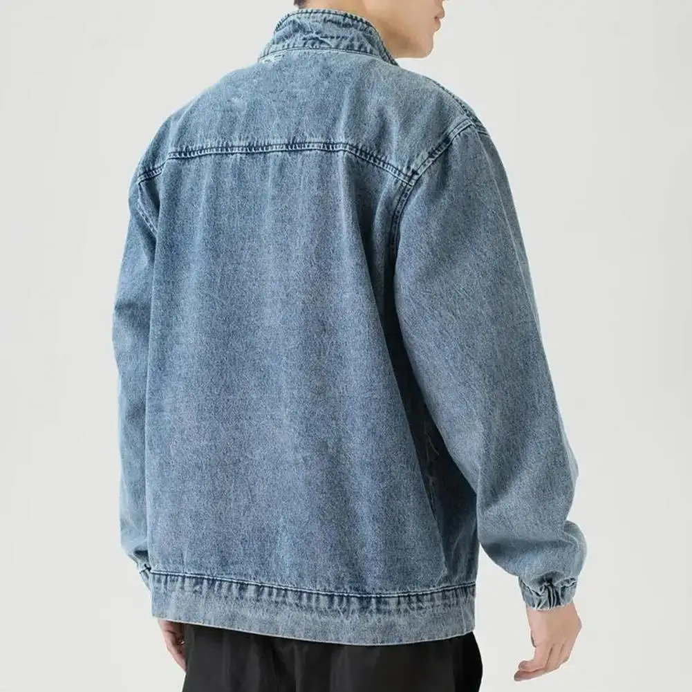 

Lapel Collar Denim Jacket Versatile Men's Denim Jacket Lapel Long Sleeve Coat with Pockets Zipper Placket Loose Fit Solid Color