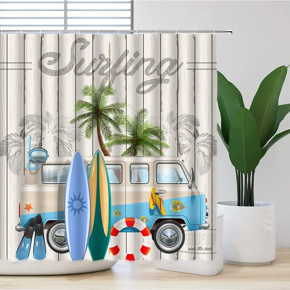 Summer Surf Patch Work Hawaii Vacation Tourist Bus Colorful Waterproof Shower Curtains Cool Stickers Art Bathroom Decor