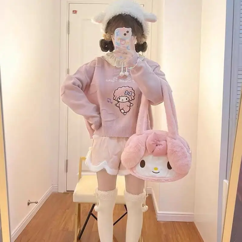 

Милый женский свитер в стиле аниме Cinnamoroll с героями мультфильмов Kuromi Y2K, свободные теплые топы Kawaii для девочек, весенне-осенняя модная милая женская одежда