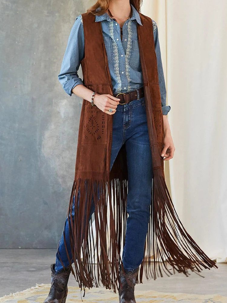 Vintage Fringe Vest Women Autumn Faux Suede Tassel Long Waistcoat Female Fashion Solid Color Casual Loose Sleeveless Cardigan