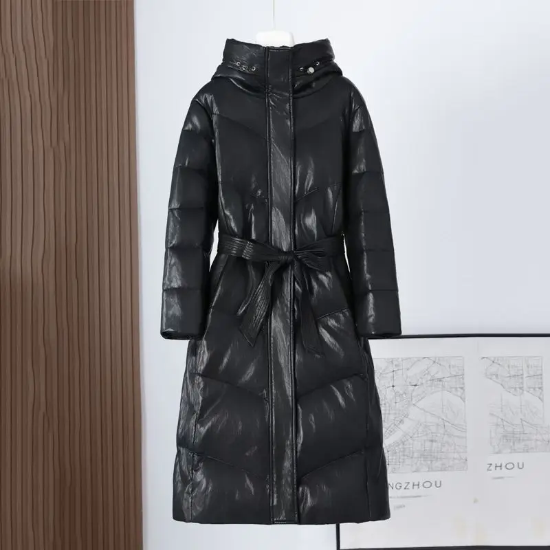 Winter new solid long style leather down jacket women Korean version slim fit lace up waist cinching thick duck down jacket