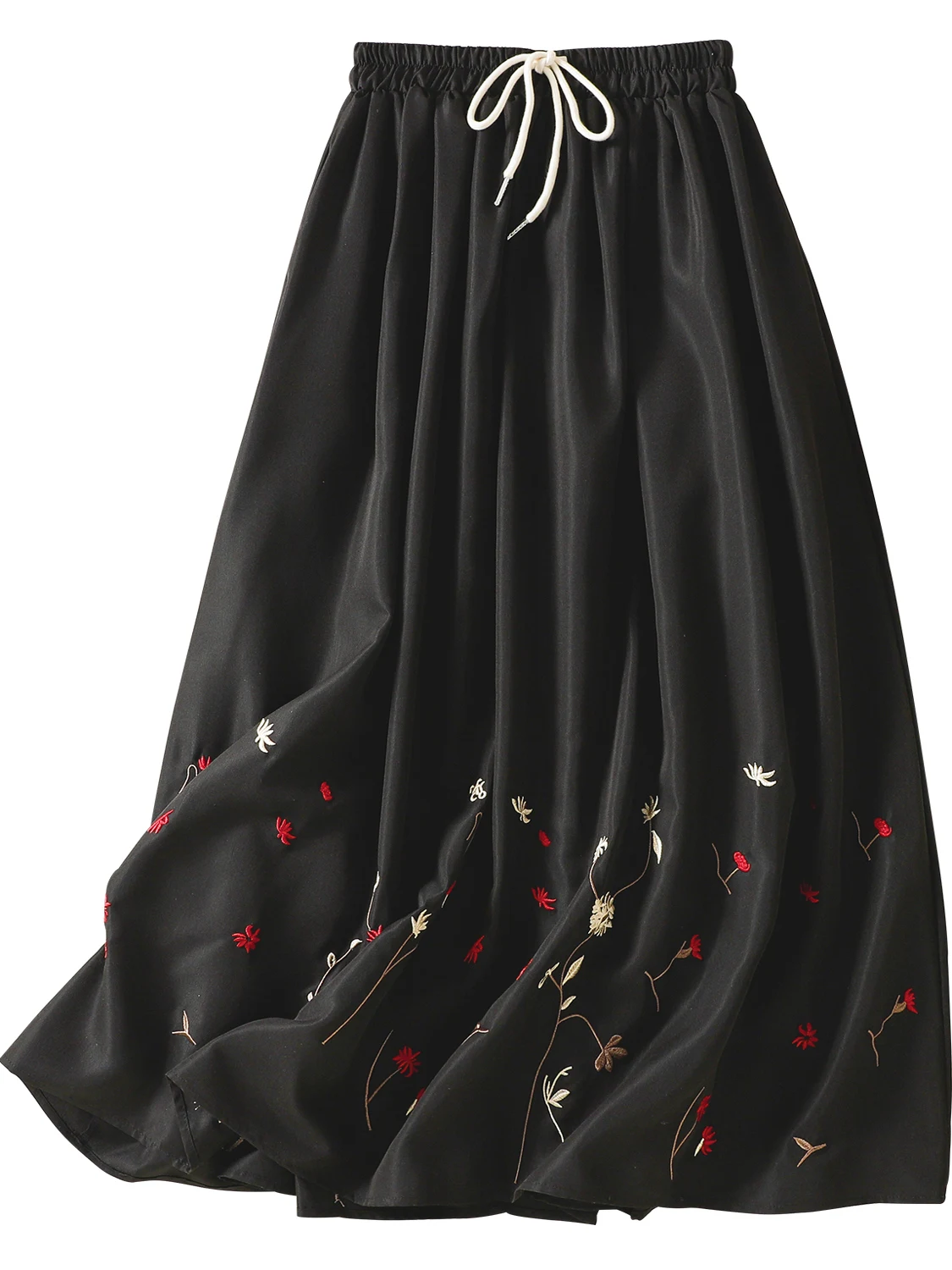 Falda Larga de Estilo Retro con Bordado, Corte en A, Cintura Alta Elástica, Tendencia de Moda Primavera 2025 para Mujer