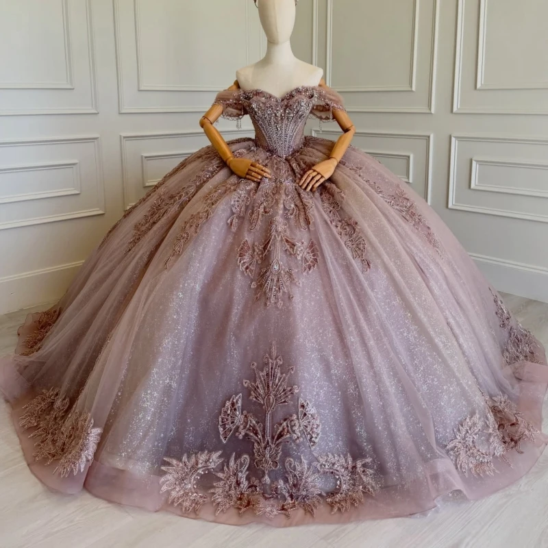 

Pink Shiny Princess Sweet 16 Dress Quinceanera Dresses Applique Lace Beading Crystal Tull Party Birthday Vestidos 15 De Anos