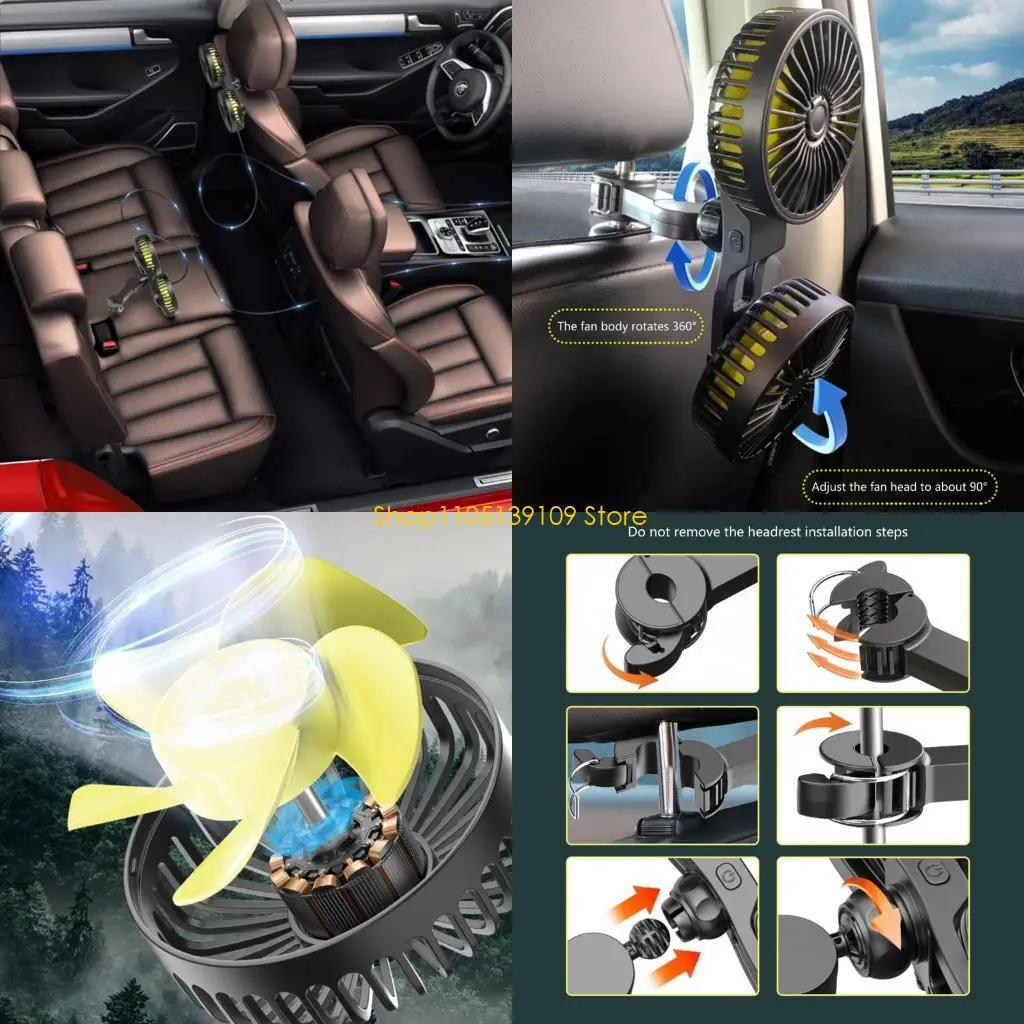  Air Circulation Fan Backseat Double Head USB Fan 3 Speed Adjustable Cooling Fan