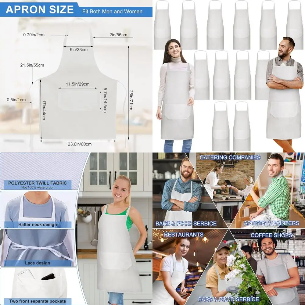 

12-Pack Unisex White Bib Aprons with Pockets, Long Ties, 32x28 Inch, Machine Washable for Cooking, Painting, BBQ, and Baking
